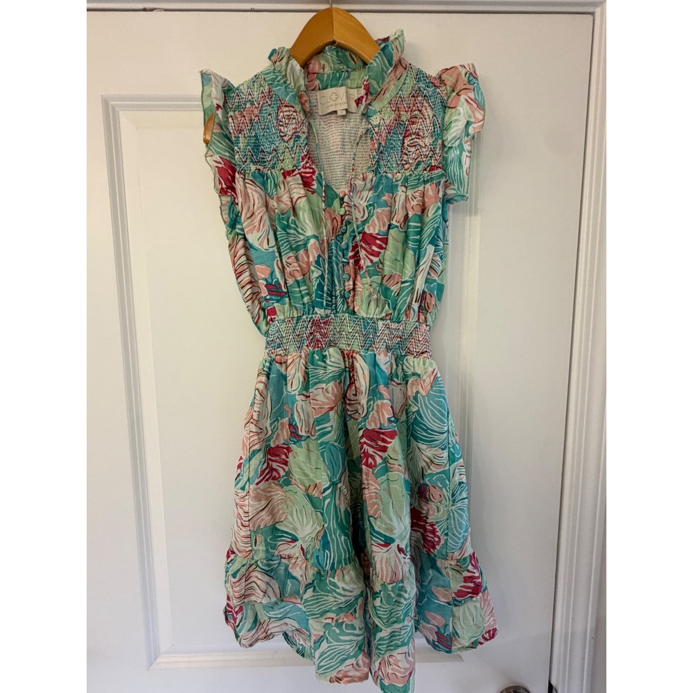 Clover by Kelly Caro Tropical Floral Smocked Cotton Silk Mini Dress Green Pink S